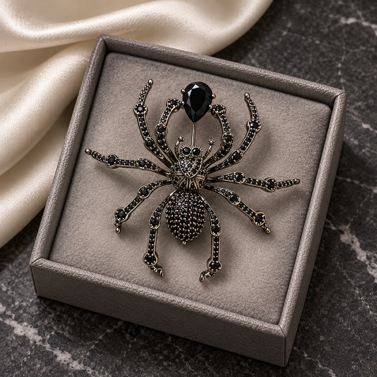 Gunmetal Tone spider brooch in a tabletop display