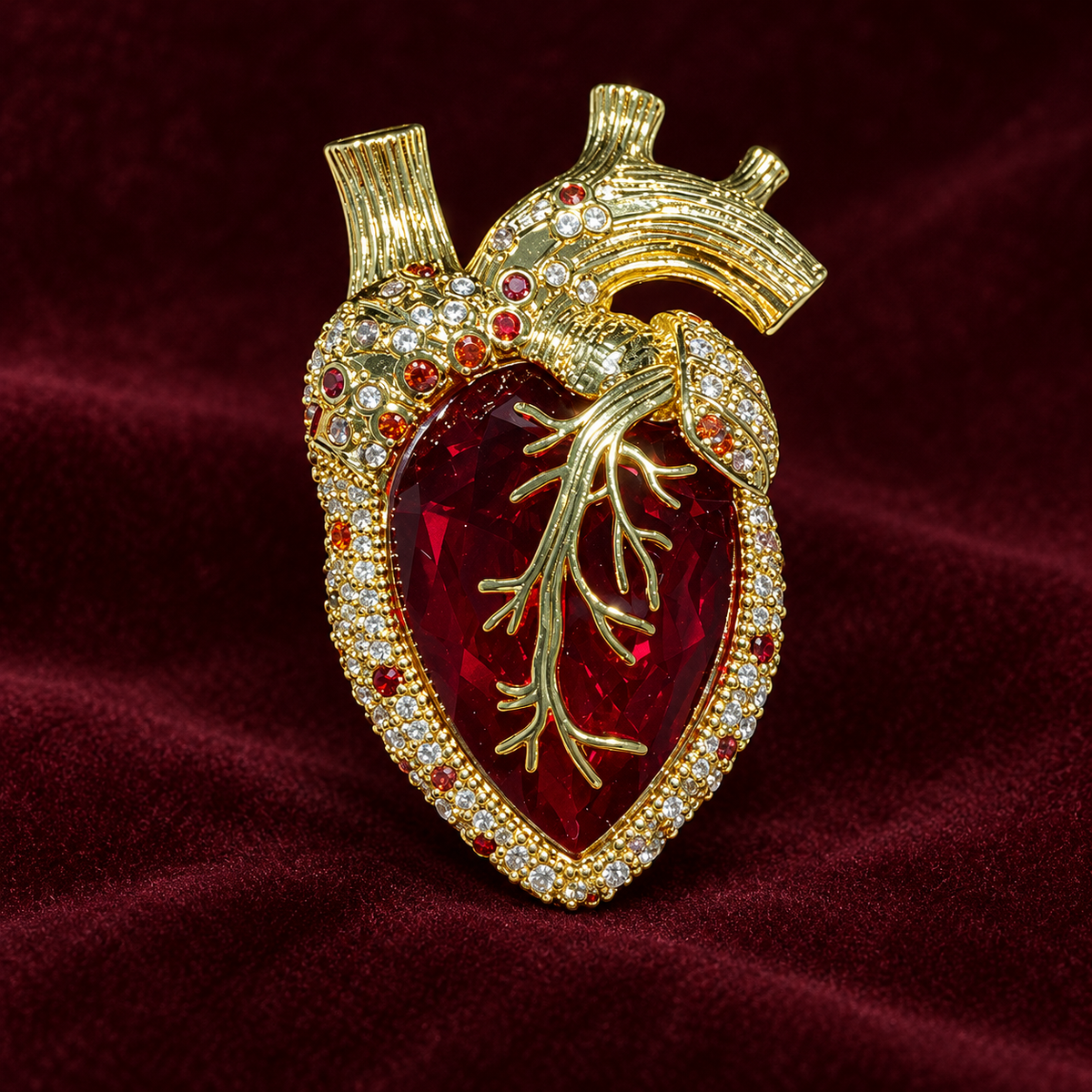 Gold Tone Red anatomical heart brooch