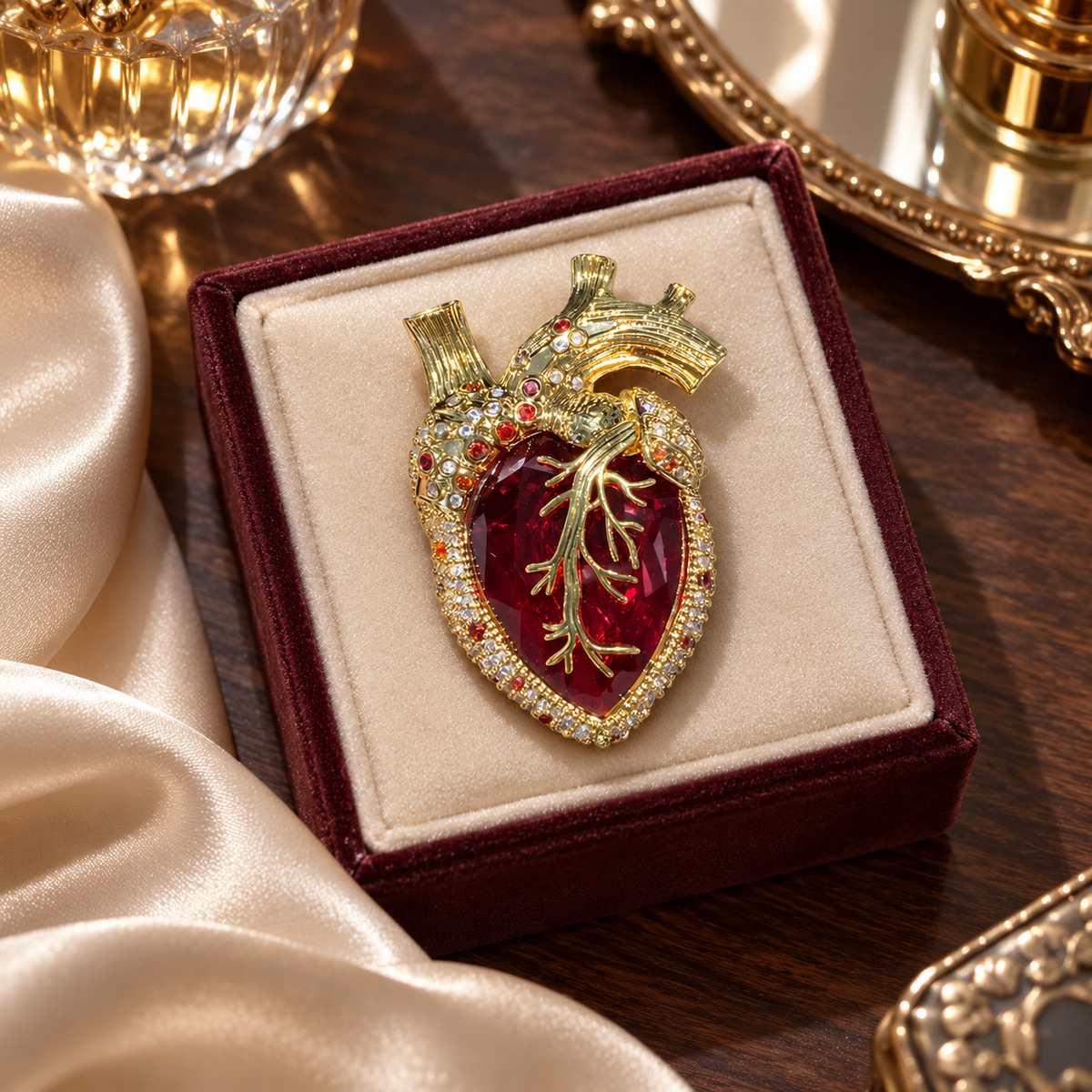 Gold Tone Red anatomical heart brooch in a tabletop display