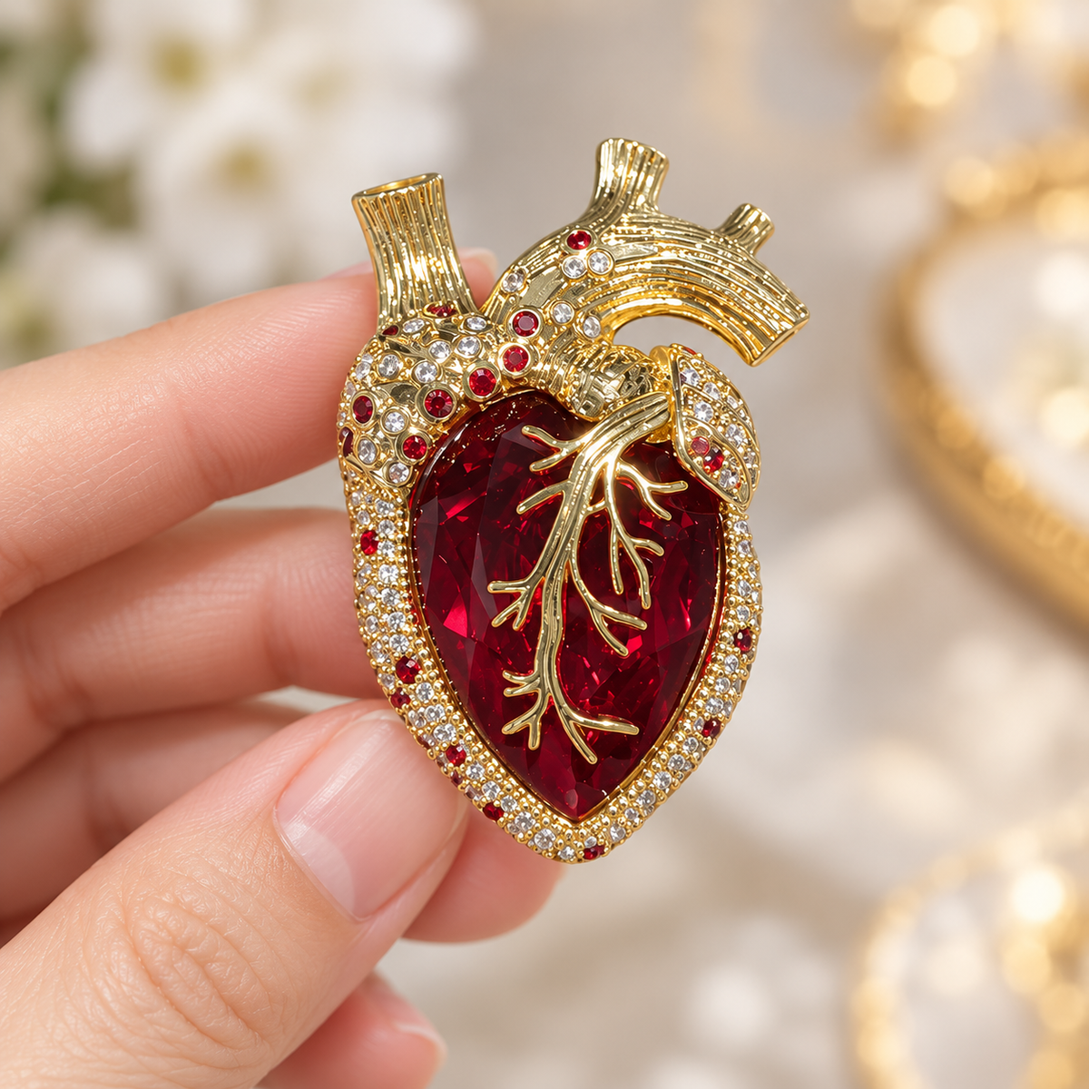 Gold Tone Red anatomical heart brooch held in a hand