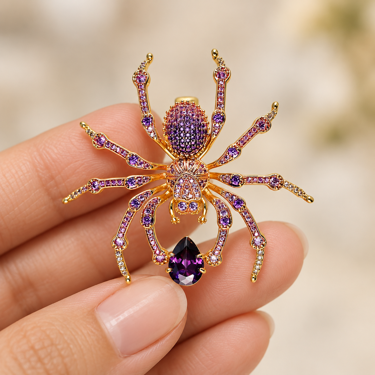 Gradient Deep Purple spider brooch held in a hand
