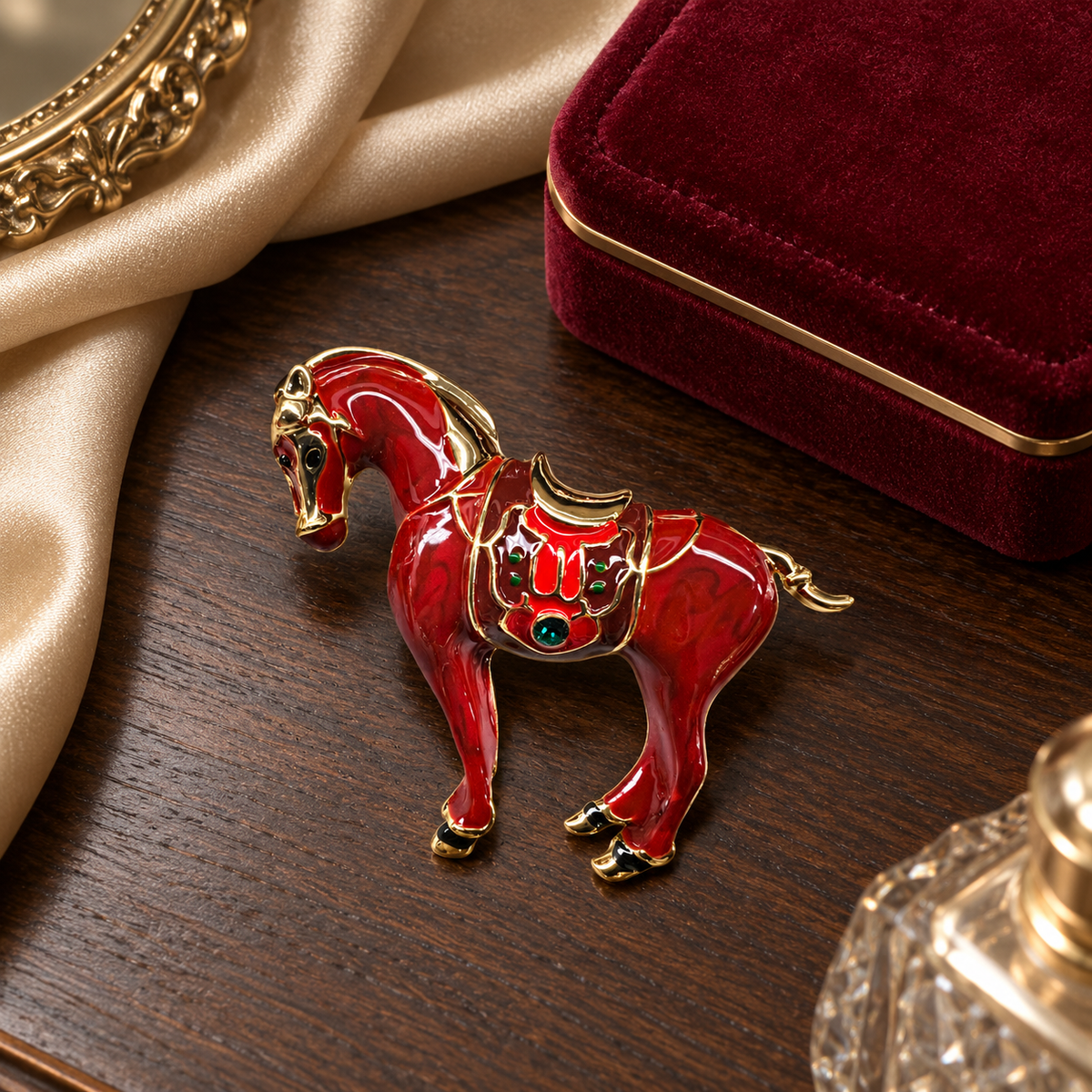 Red horse brooch styled in a tabletop setting