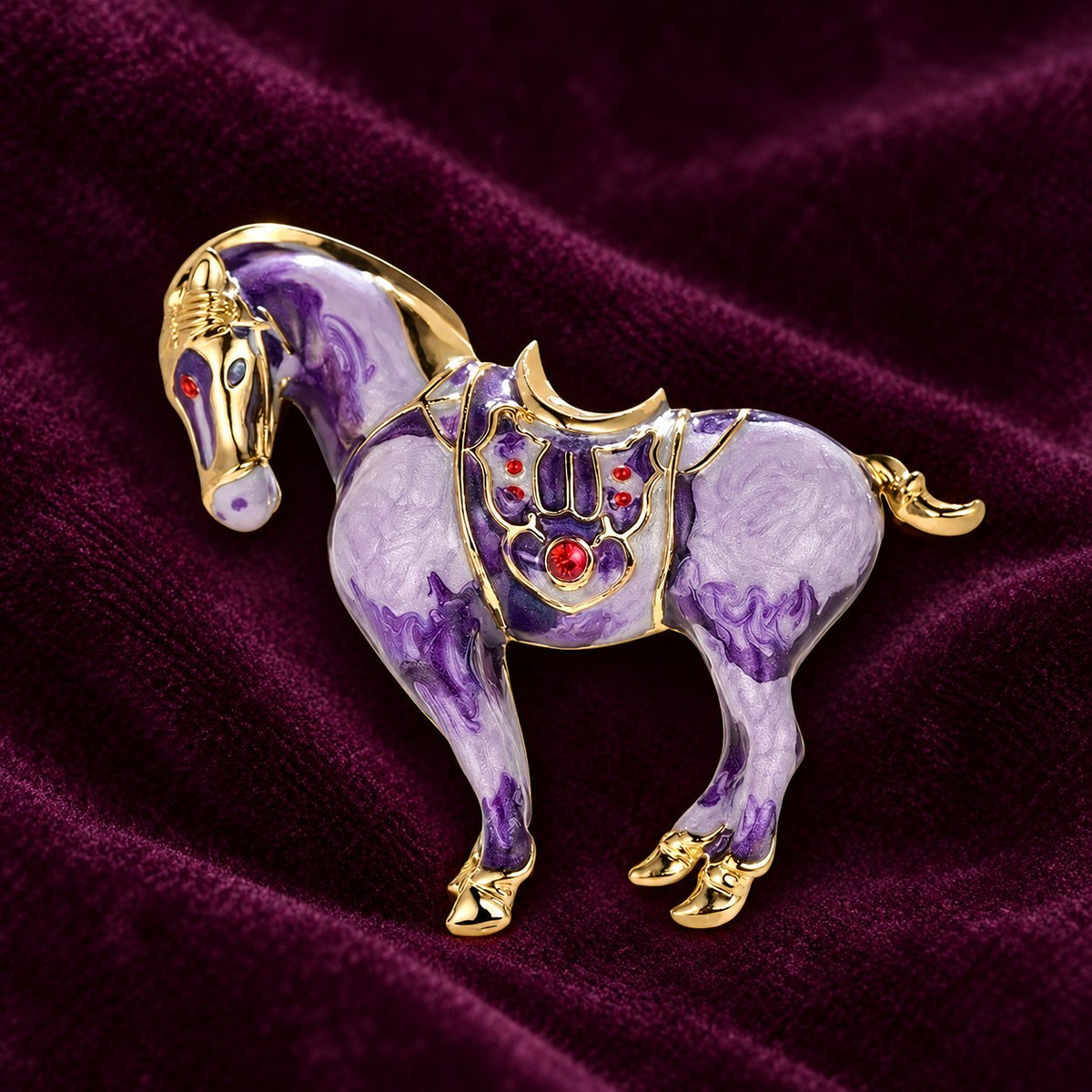 Purple horse brooch with decorative saddle detailing