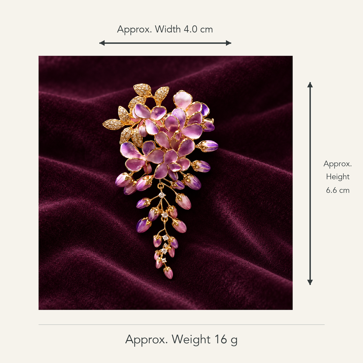 Size and weight guide for Purple wisteria brooch