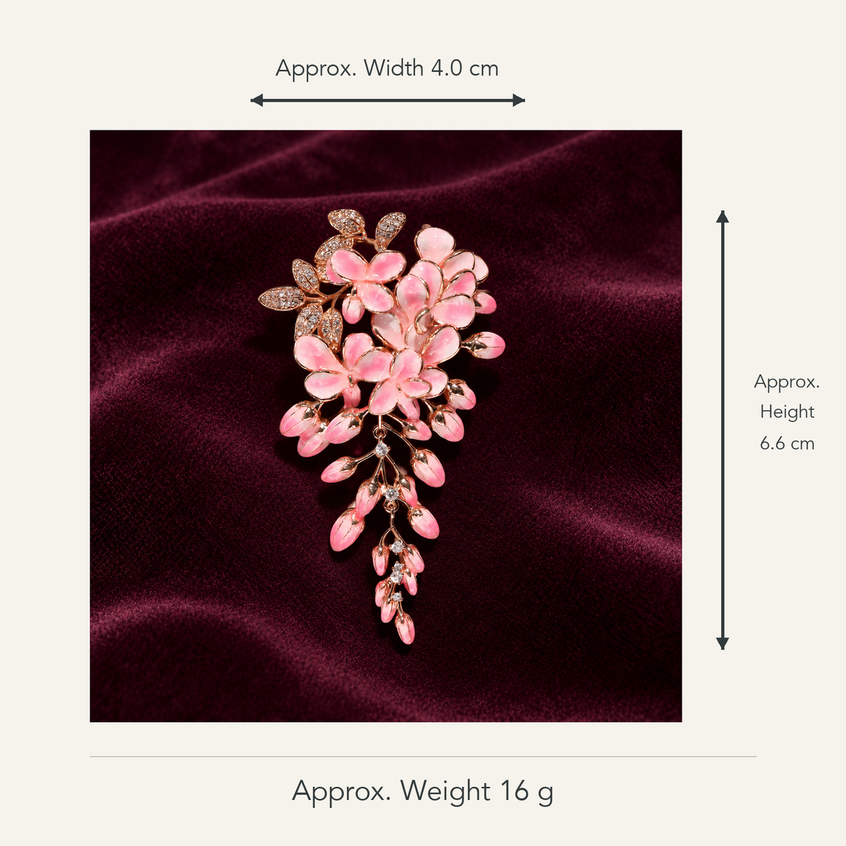 Size and weight guide for Small Pink wisteria brooch