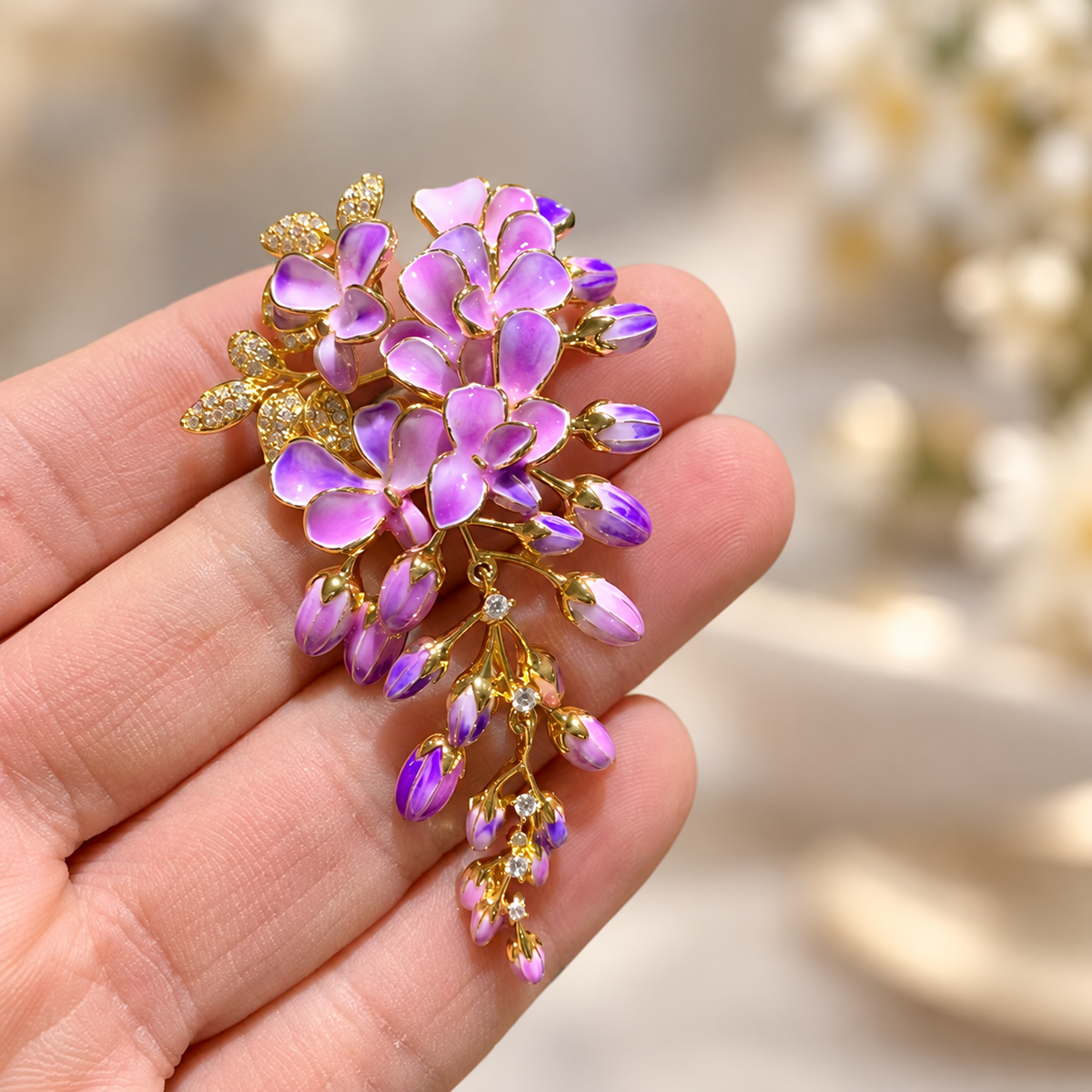 Purple wisteria flower tassel brooch, hand held