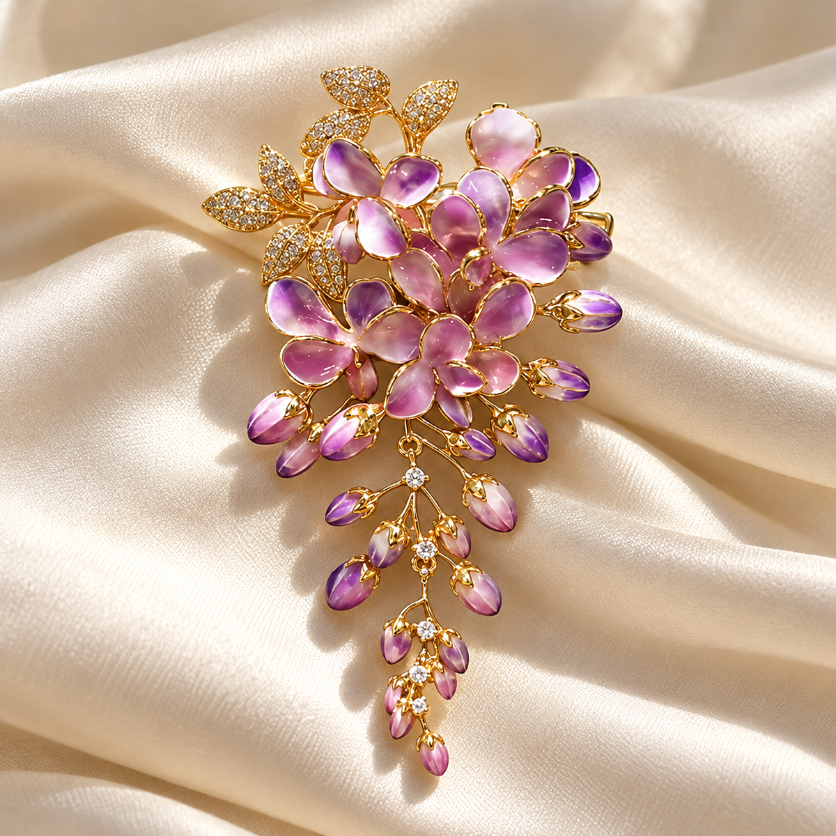 Purple wisteria flower tassel brooch, tabletop display