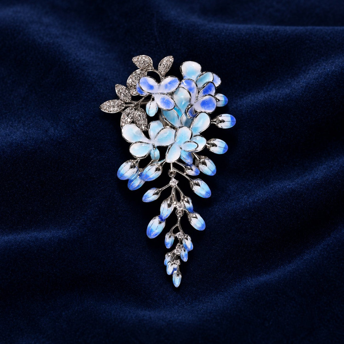 Small Blue wisteria flower tassel brooch, front view