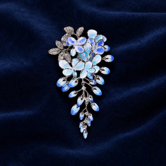 Small Blue wisteria flower tassel brooch, front view