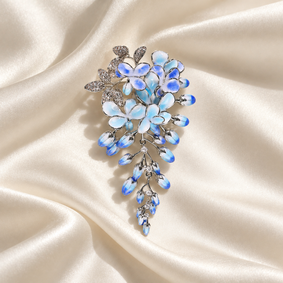 Small Blue wisteria flower tassel brooch, tabletop display