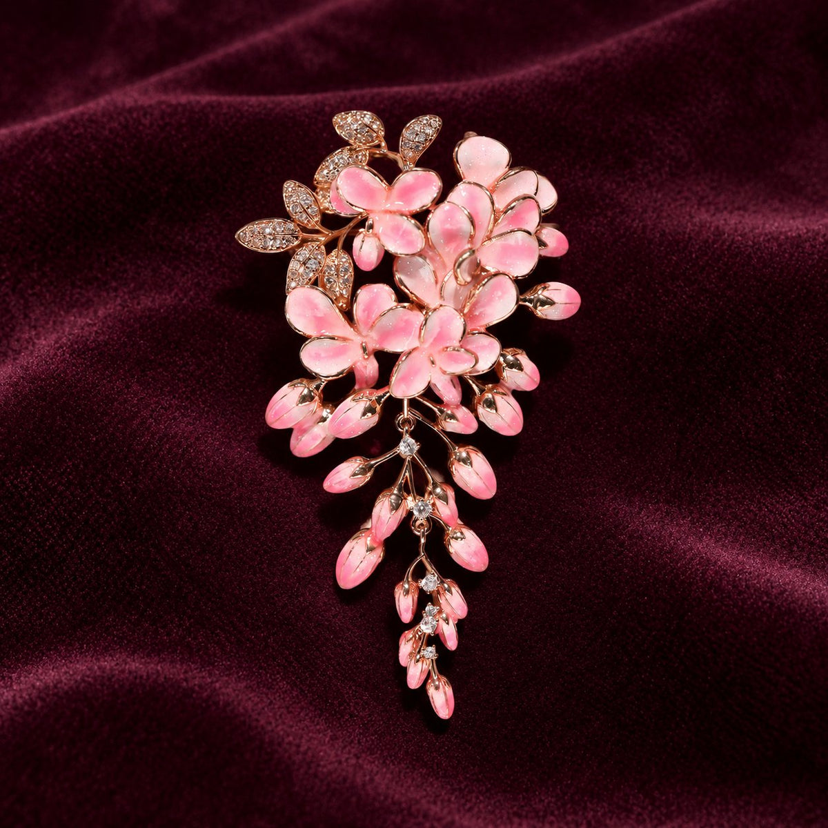 Small Pink wisteria flower tassel brooch, front view