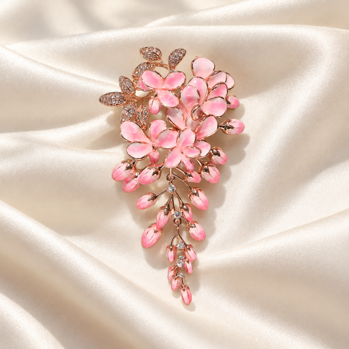 Small Pink wisteria flower tassel brooch, tabletop display