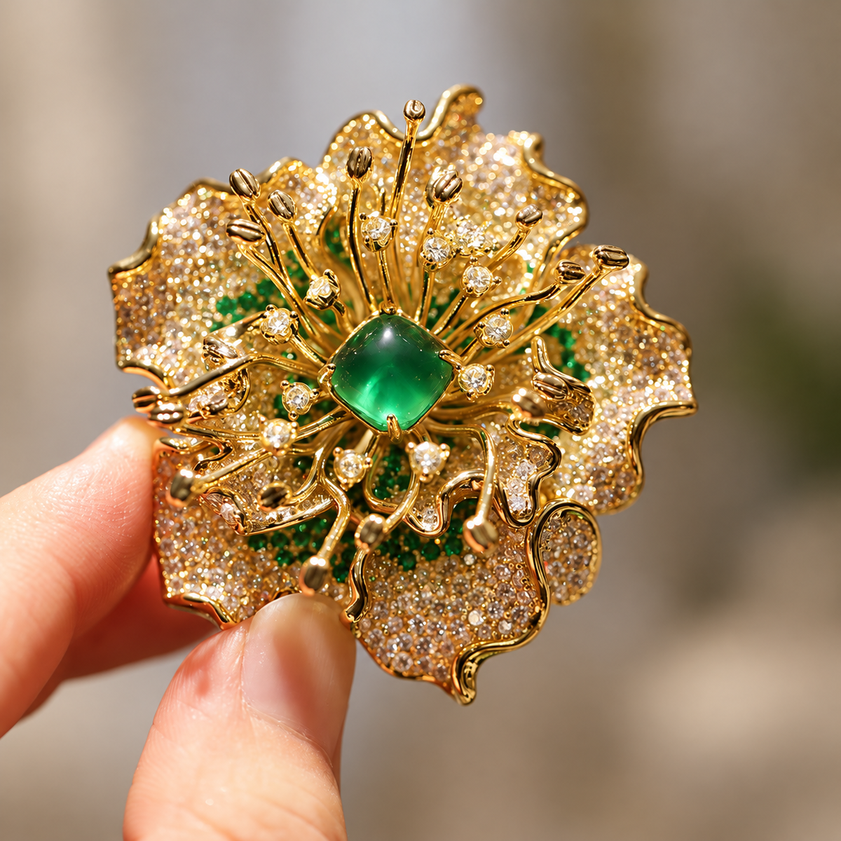 Green Chalcedony peony brooch held in hand