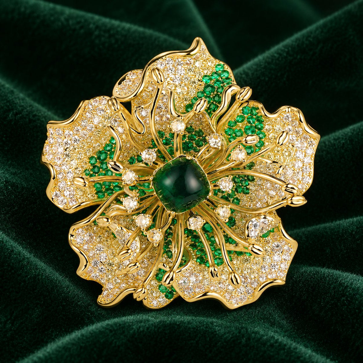 Green Chalcedony peony brooch, front view with chalcedony center
