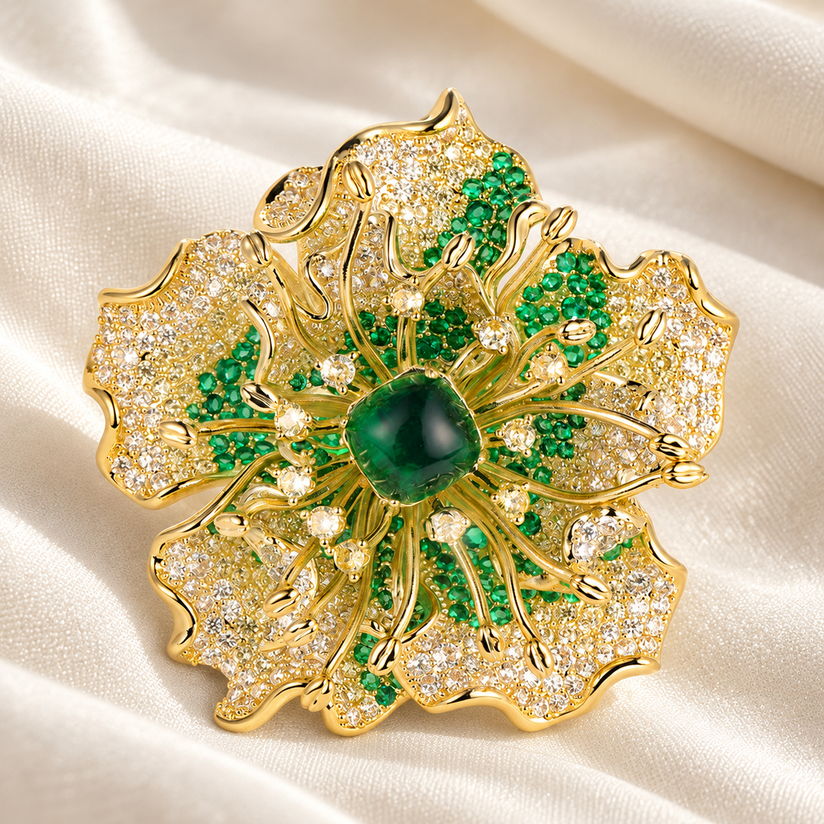 Green Chalcedony peony brooch in a tabletop display