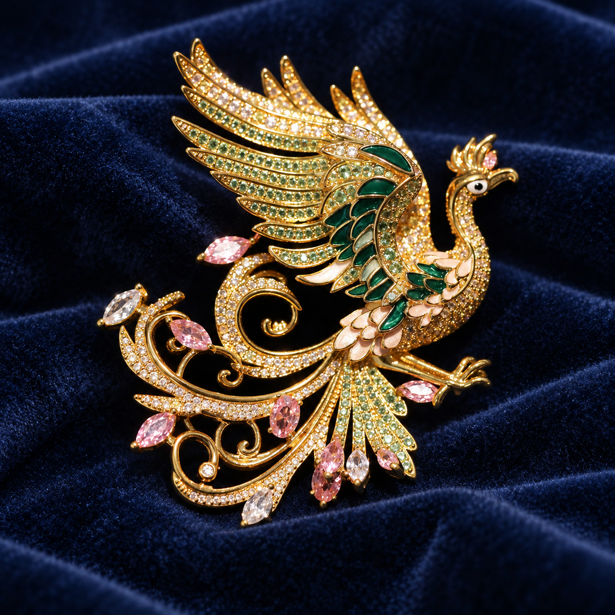 Colorful phoenix brooch in a tabletop display