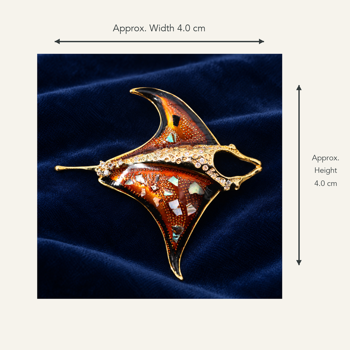 Size guide for Orange manta ray brooch