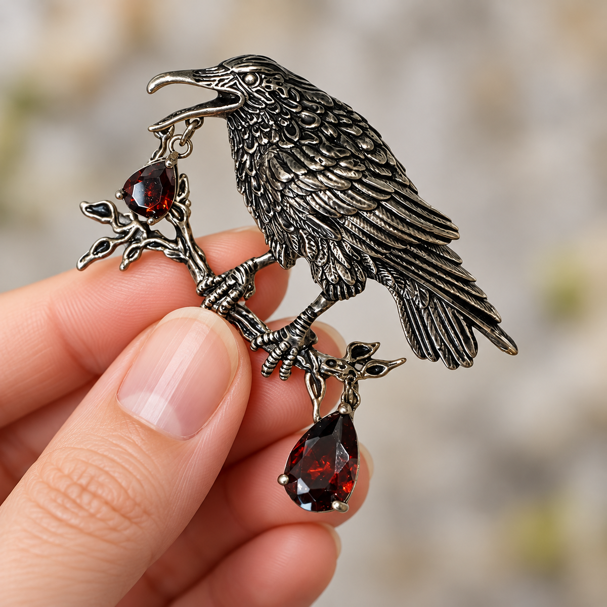 Dark raven brooch held in a hand