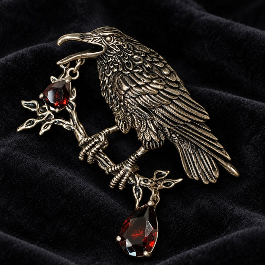 Dark raven brooch with layered feathers, a branch and burgundy-red drops