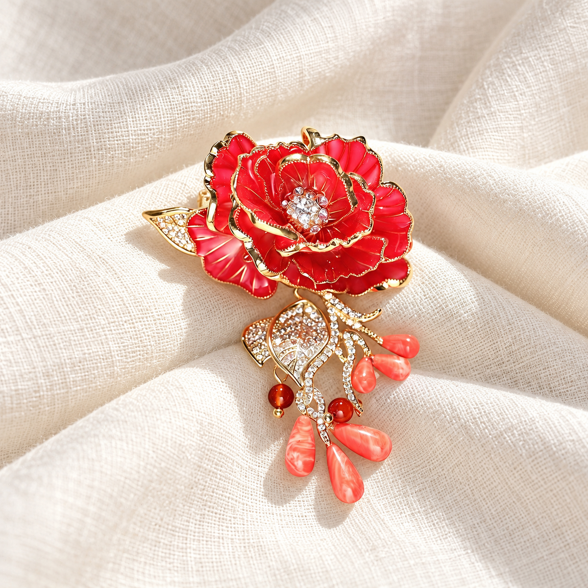 Red Rose enamel rose brooch in a tabletop setting