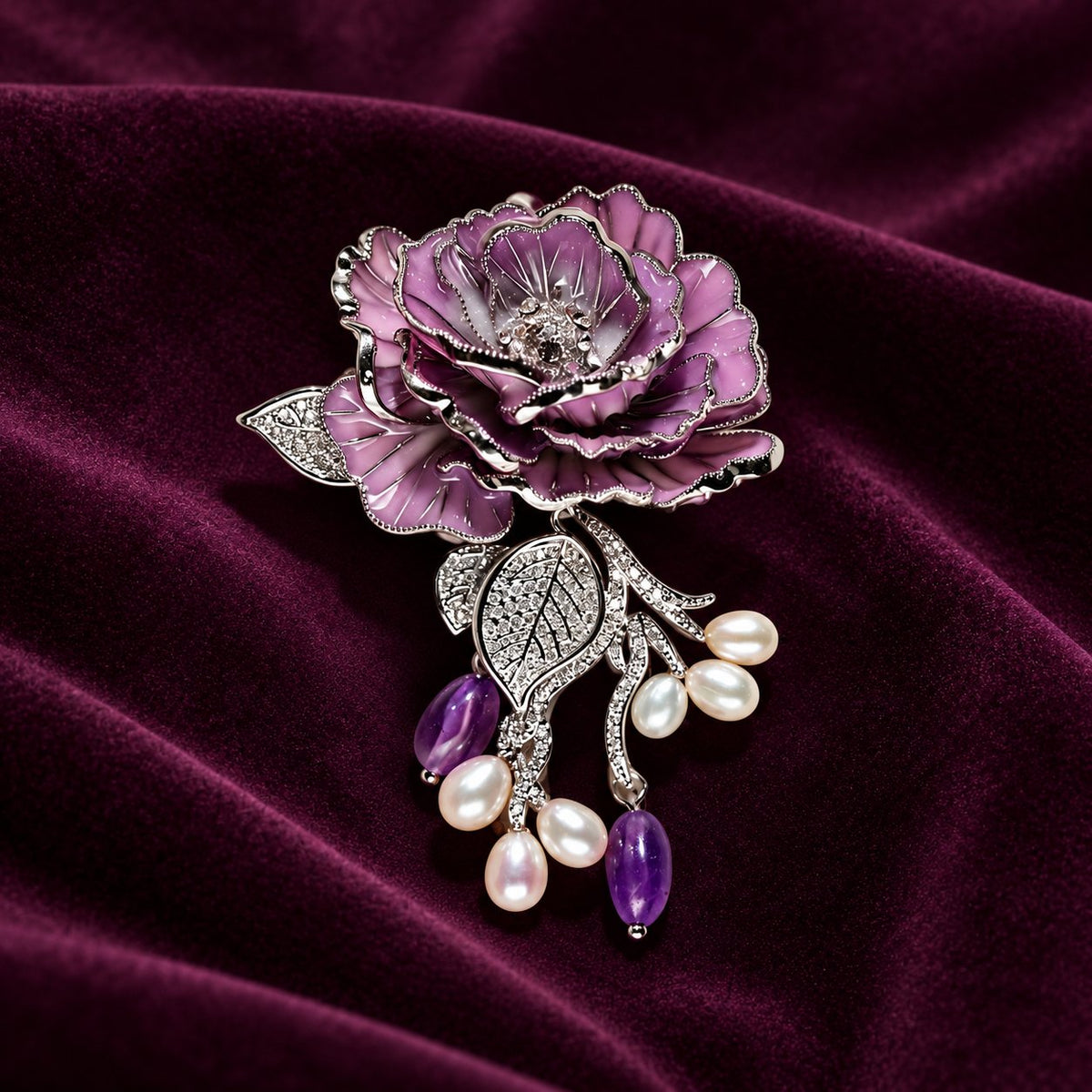 Purple Rose With Freshwater Pearls enamel rose brooch, front view