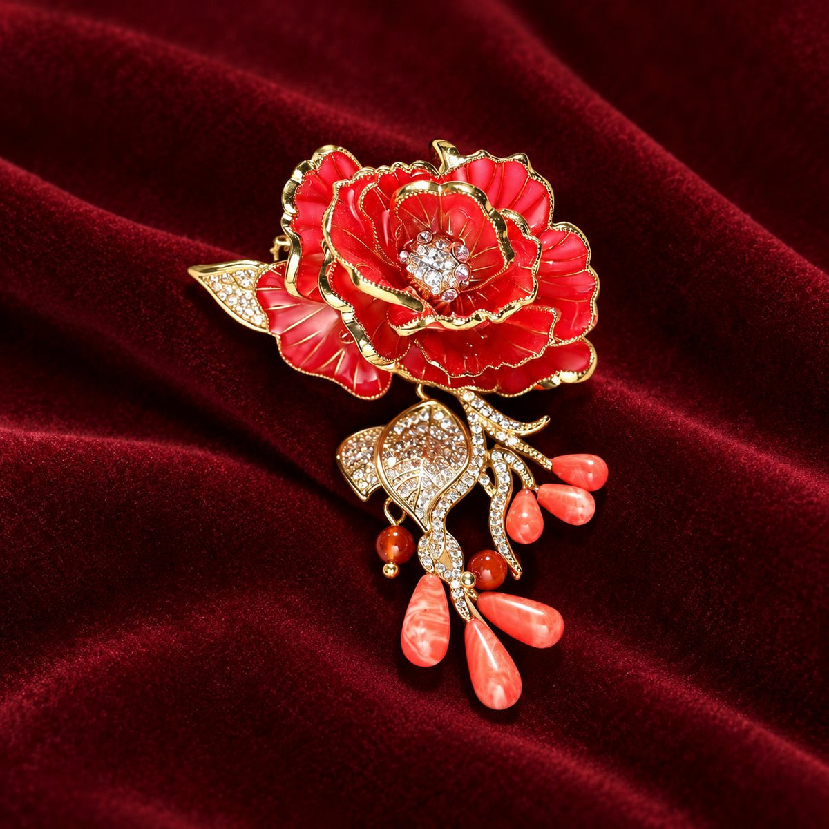 Red Rose enamel rose brooch, front view