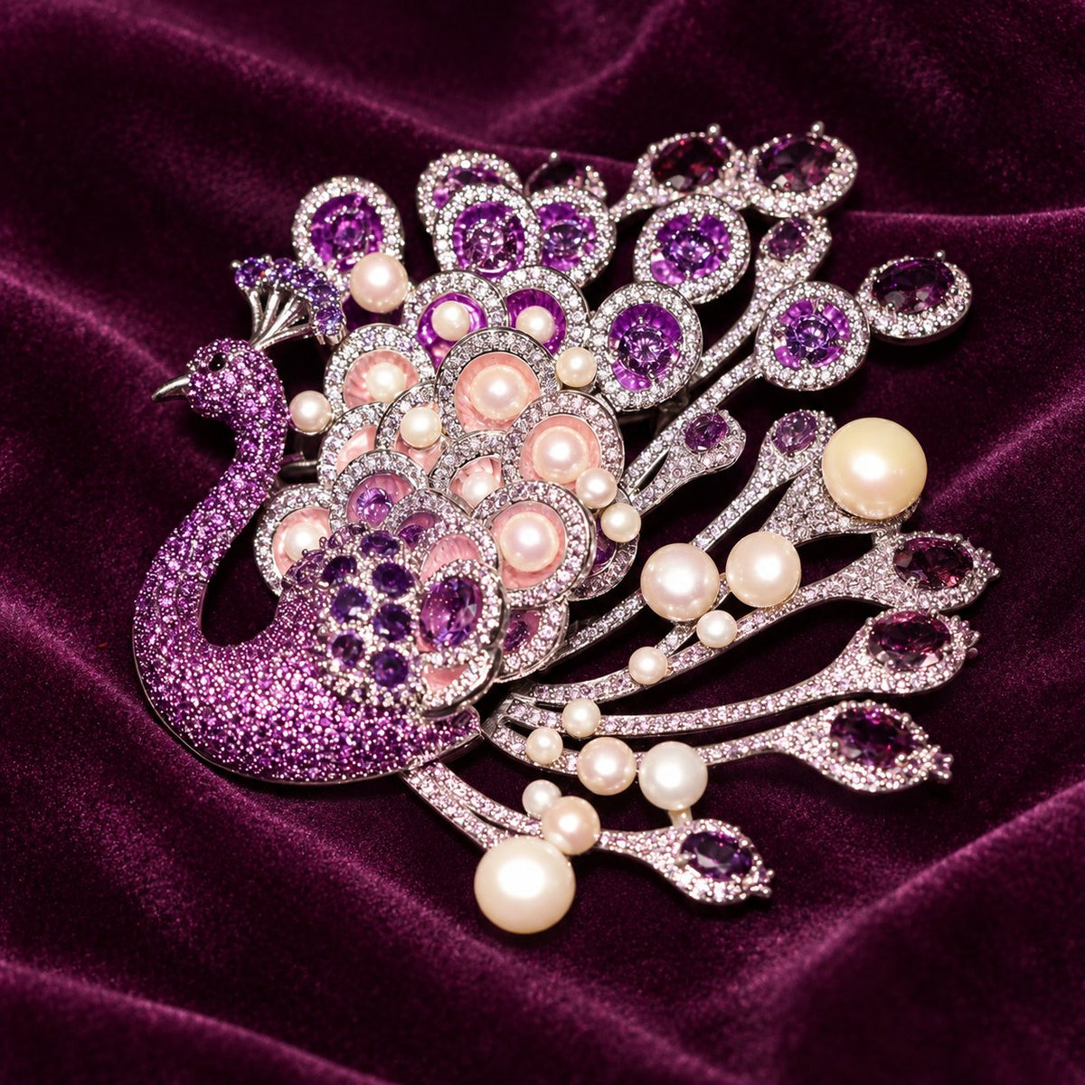 Purple Peacock with Freshwater Pearls purple peacock pearl brooch, front view