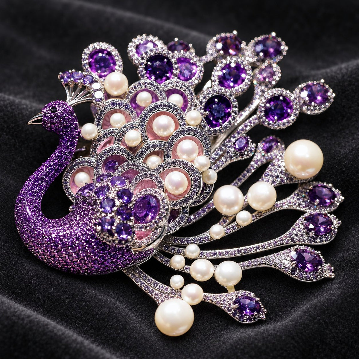 Purple Peacock with Shell Pearls purple peacock pearl brooch, front view