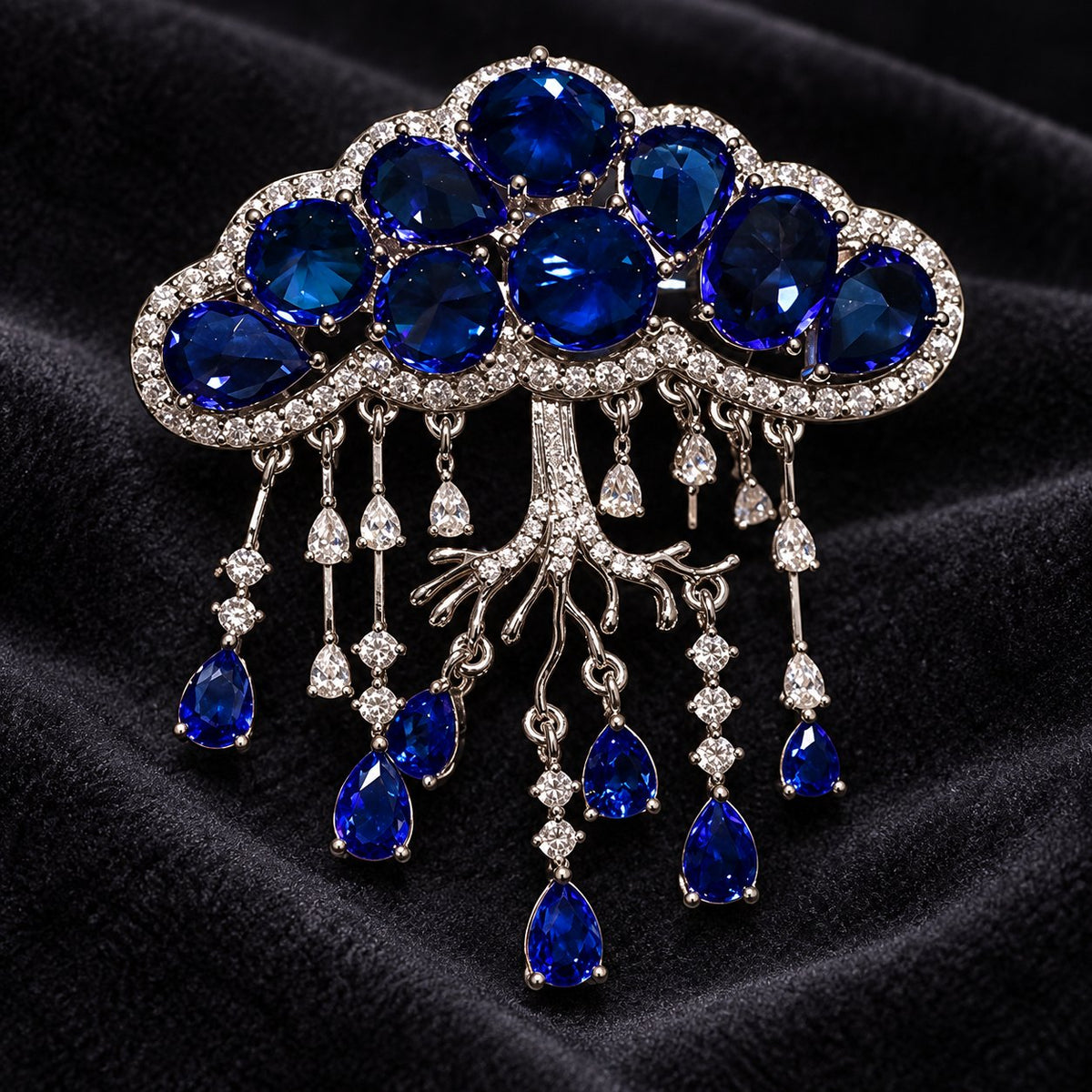 Dark Blue Cloud cloud tassel brooch and pendant, front view