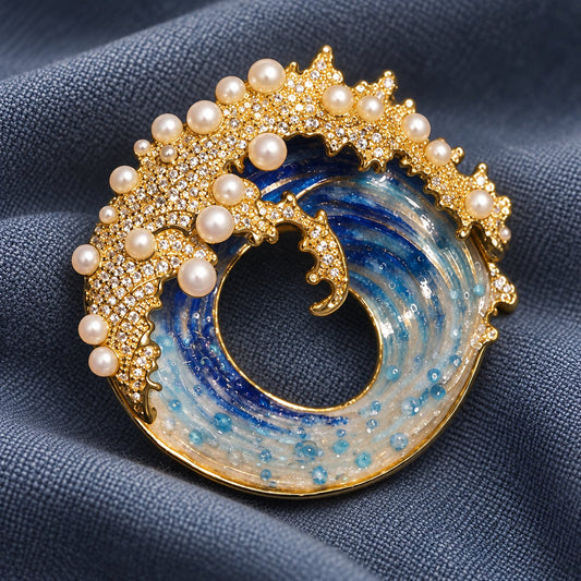Starry blue wave brooch with pearl details, front view