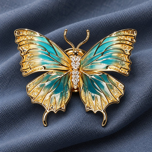 Iridescent Blue Butterfly brooch, front view