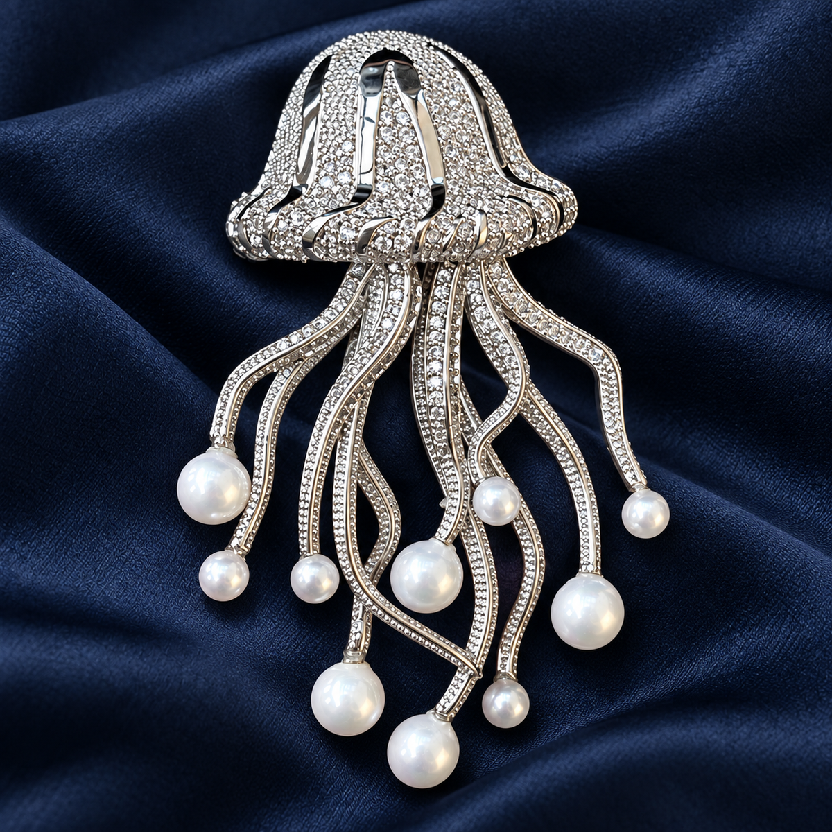 Silver-tone shell pearl jellyfish brooch YC029-1, front view