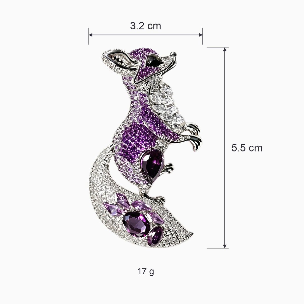 Purple fox brooch size diagram, approximately 3.2 cm wide and 5.5 cm high, with a net weight of 17 g