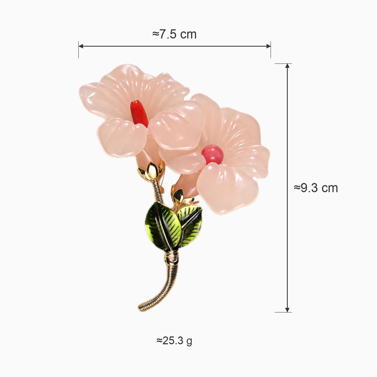 Size diagram of red center flower brooch showing approximately 7.5 cm width, 9.3 cm height and 25.3 g