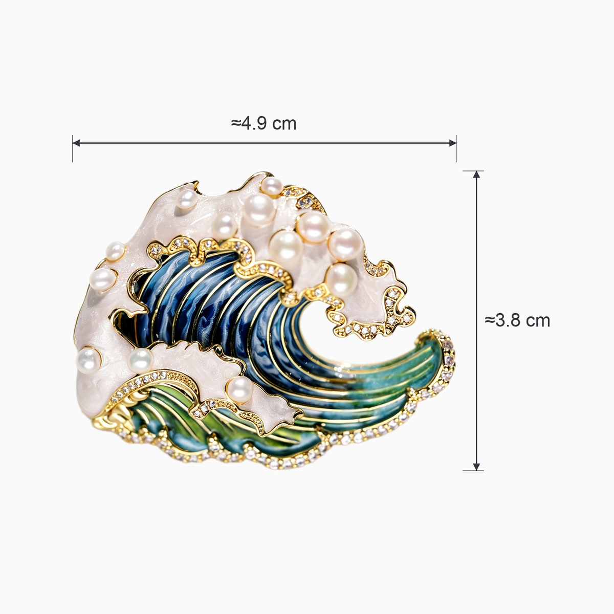 Blue enamel wave brooch size diagram showing approximately 4.9 cm width and 3.8 cm height