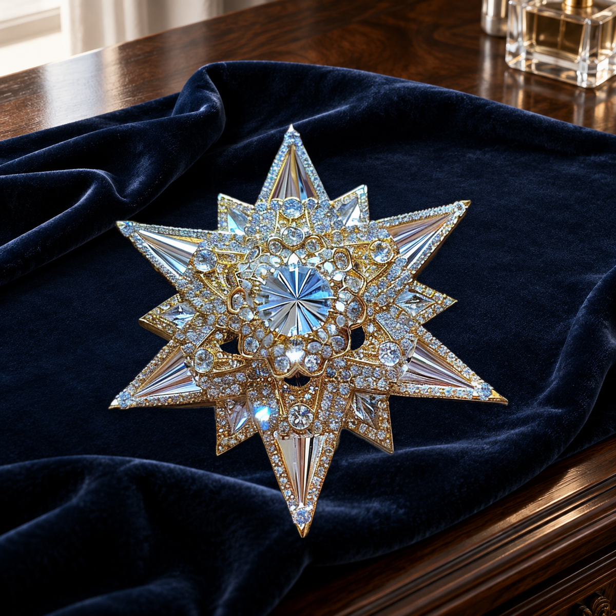 Gold-tone layered starburst brooch with sparkling accents on navy velvet on a dressing table