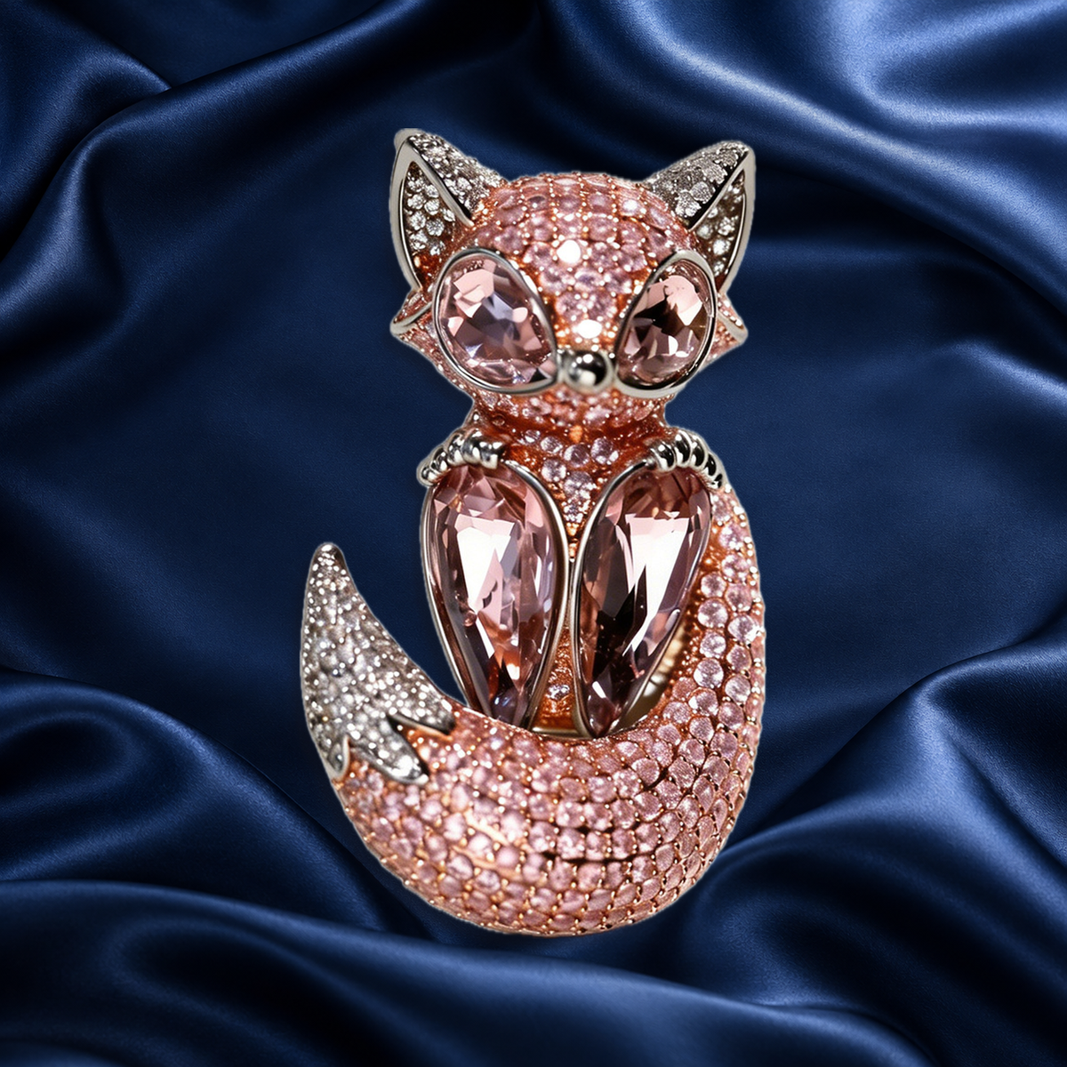 Pink fox brooch with faceted eyes, chest accents and a curled sparkling tail on navy satin