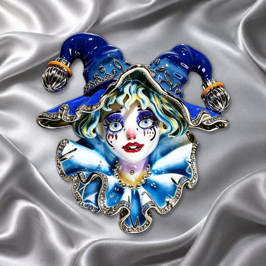 Blue enamel jester face brooch with ribbed hat bells and a wavy gold-tone collar on silver satin