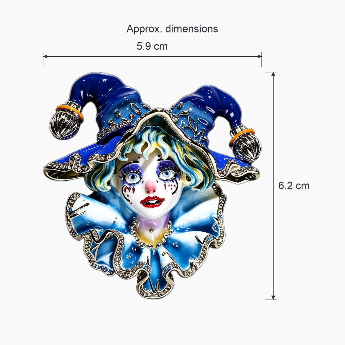 Approximate dimensions of the blue jester brooch: 5.9 cm wide and 6.2 cm high