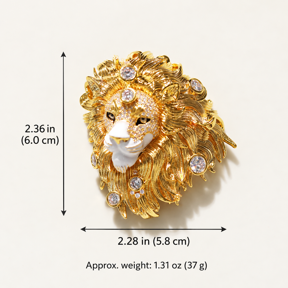 Lion head brooch dimensions approx. 2.36 in high by 2.28 in wide and net weight 1.31 oz