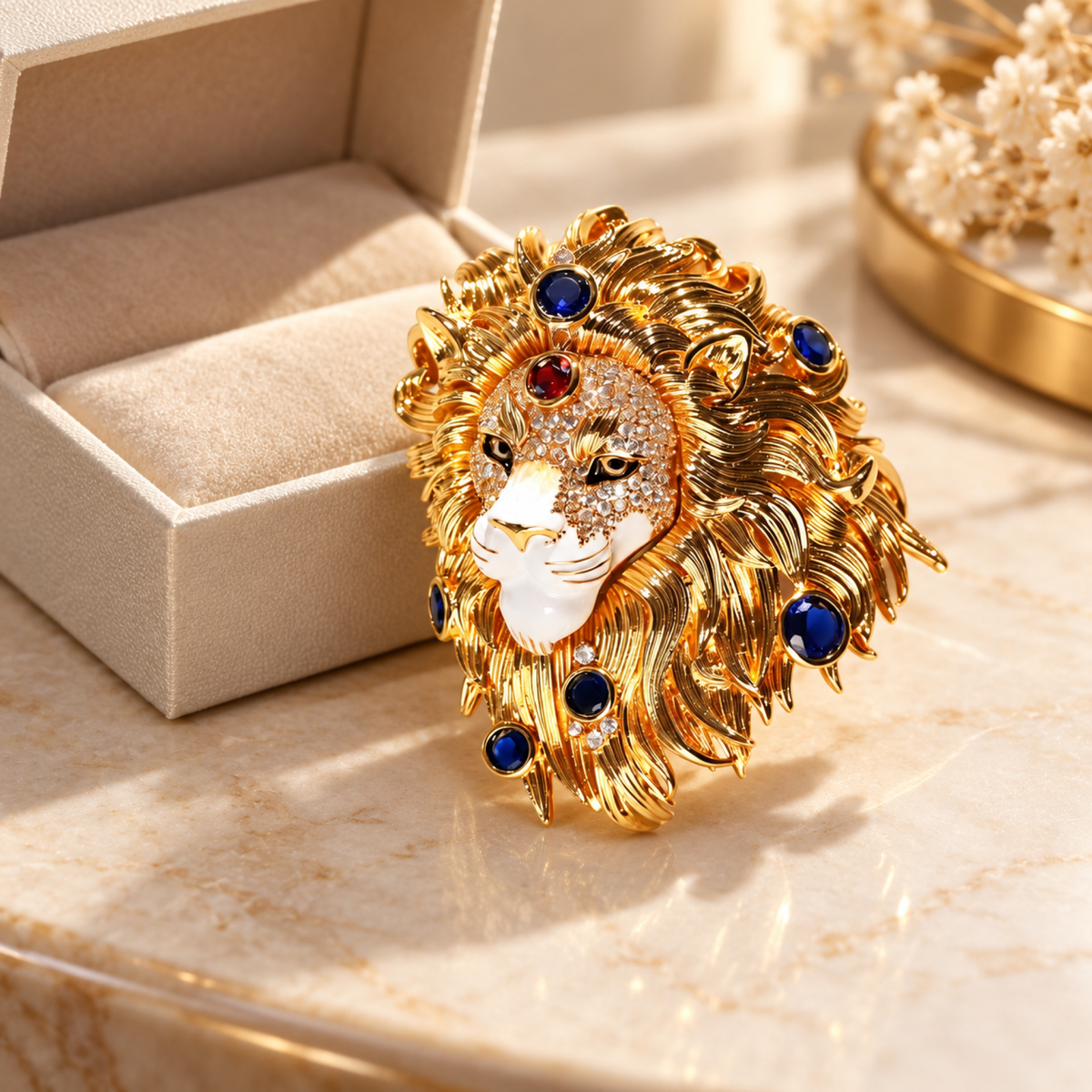 Gold tone lion head brooch with multicolor accents in a styled tabletop display