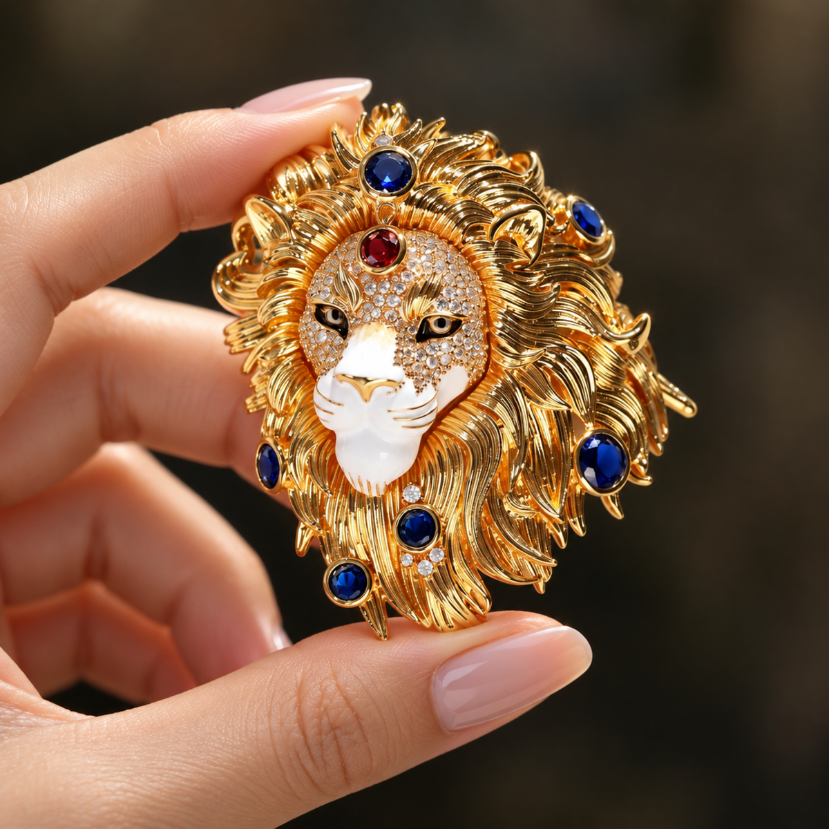 Gold tone lion head brooch with multicolor accents held in a hand
