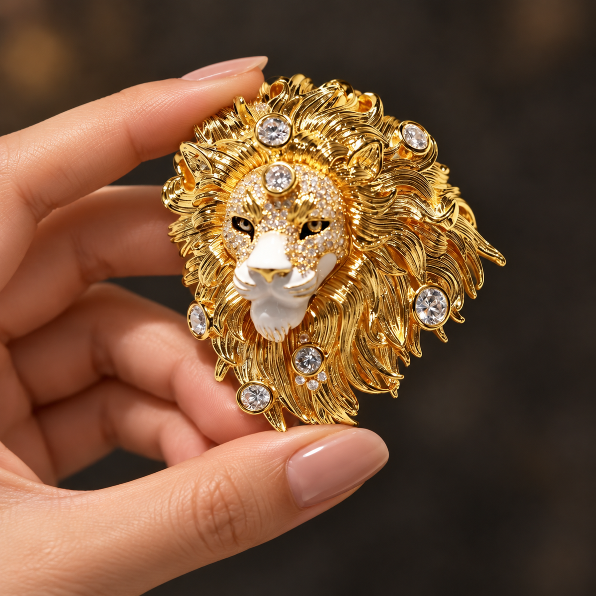 Gold tone lion head brooch held in a hand